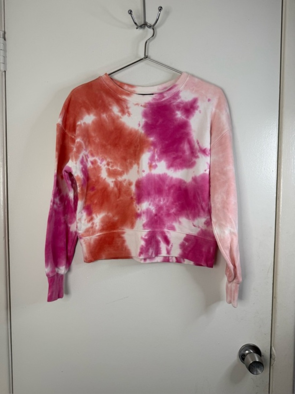 Aqua, pink, orange and white tie-dye style cropped long sleeve sweatshirt S